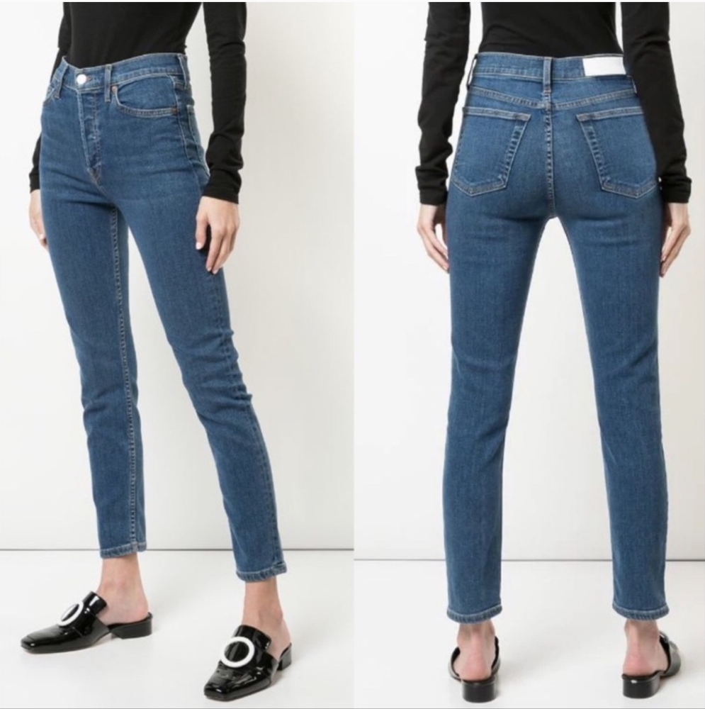 RE/DONE High Rise Ankle Crop Jeans in Vintage Stone Wash Stretch Size 25
